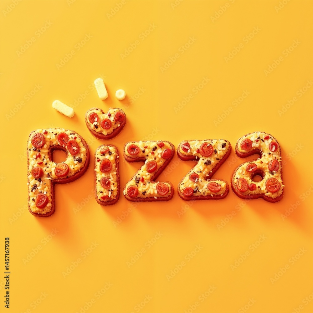 Pizza word art with toppings on a bright orange background
