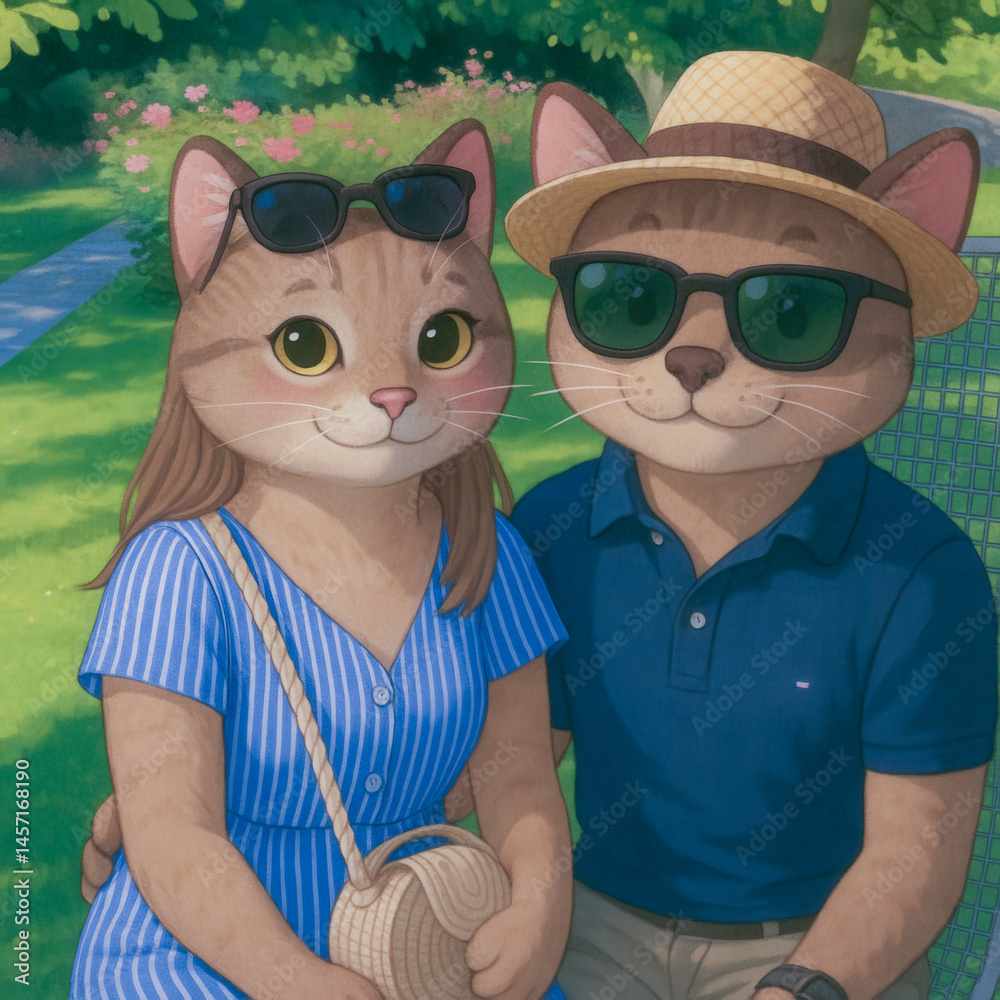 Fototapeta premium Cute cats enjoying a sunny day in a park, dressed stylishly and posing for a casual photo together