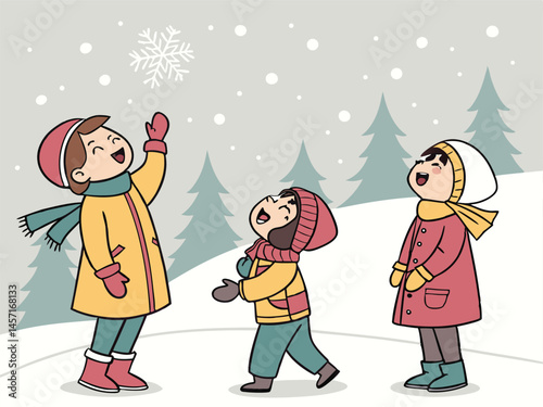 Children Playing in the Snow: Cartoon Illustration of Winter Fun and Joy