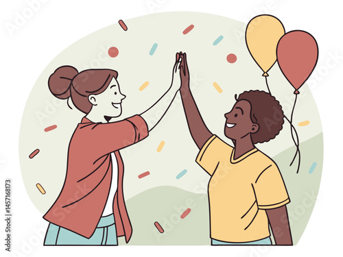 Two Happy Women Giving High Five, Celebrating with Balloons and Confetti