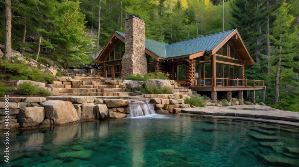 Secluded log cabin nestled within a lush forest, featuring a tranquil pool with a cascading waterfall Secluded log cabin nestled within a lush forest, featuring a tranquil pool with a cascading waterfall