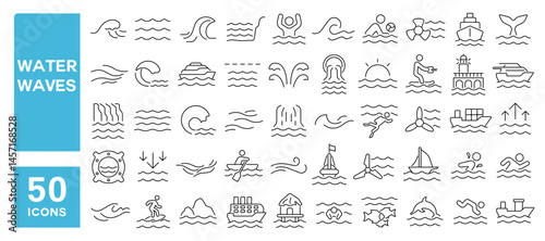 Set of 50 line icons related to water waves, ripple, splash, flow, sea, river, swirl, stream, wavy, Editable stroke. Vector illustration