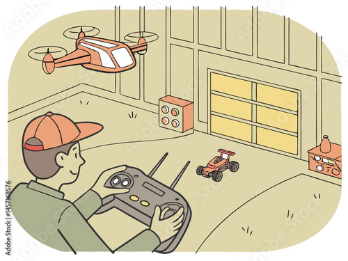Boy Flying Drone and Controlling RC Car in Garage: Cartoon Illustration
