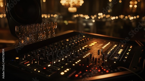 A sophisticated soundboard glows in a dimly lit venue ready for a live performance with elegant glasses and