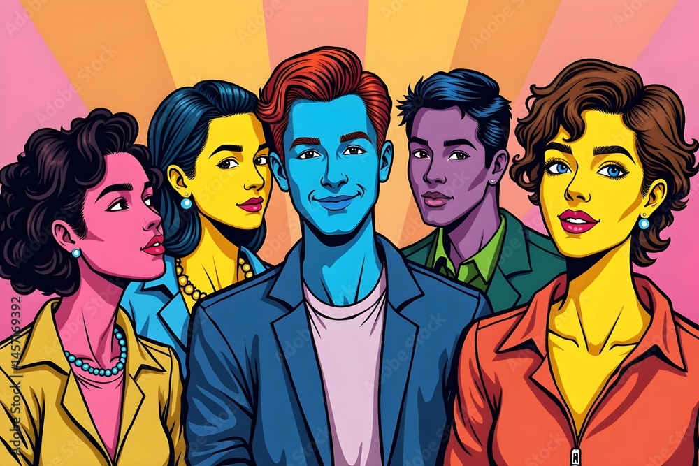 Diverse Group of People in Rainbow-Themed Pop Art Style Diverse Group of People in Rainbow-Themed Pop Art Style