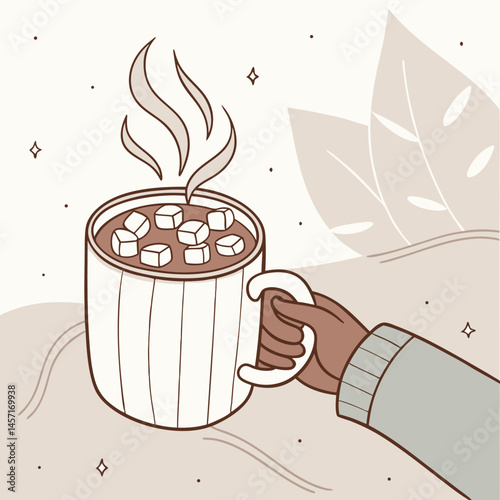 Cozy Illustration: Hand Holding Steaming Mug of Hot Chocolate with Marshmallows