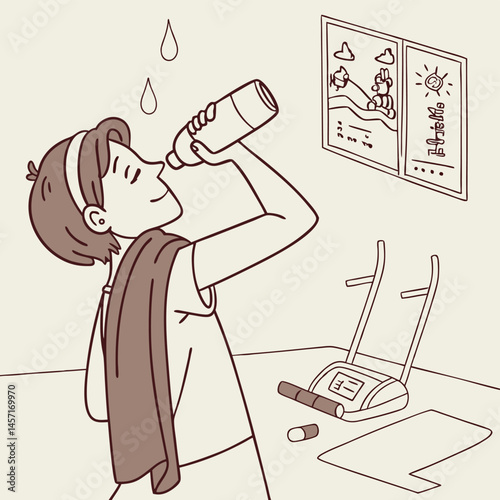 Woman Hydrating After Workout: Cartoon Illustration of Exercise and Fitness