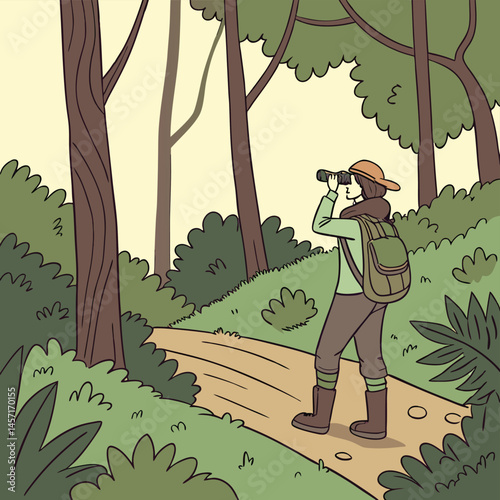 Birdwatcher Hiker in Forest Illustration, Nature Trail, Backpack, Binoculars