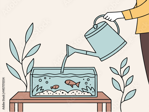 Aquarium Care: Watering Can Refilling Fish Tank Illustration Vector