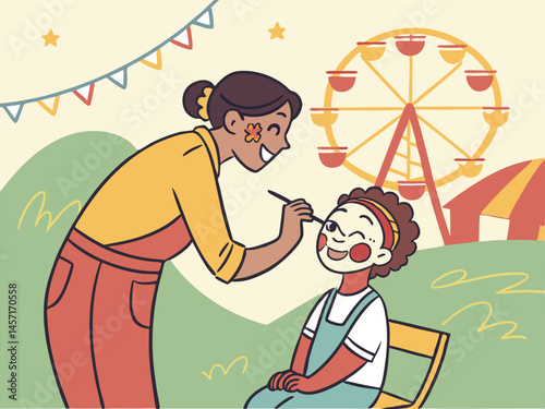 Carnival Face Painting: Woman Paints Child's Face, Fair Fun Cartoon