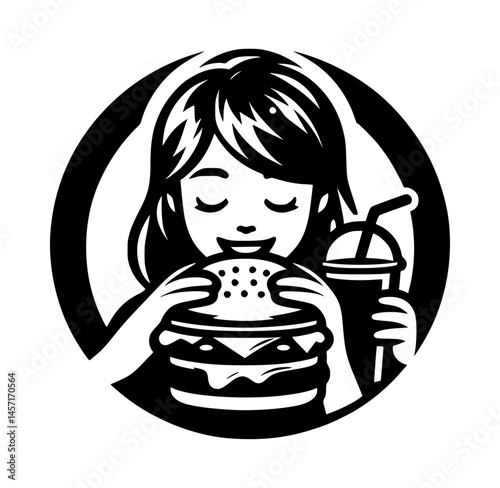 girl eats burger and soda appetizing fast black color vector icon logo
