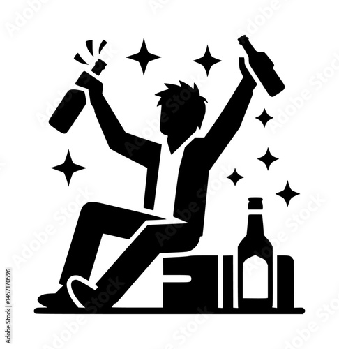 drunk man celebrating with bottles in hand black color vector icon logo