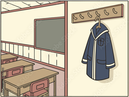 Classroom Illustration: Desks, Blackboard, and Hanging School Uniform