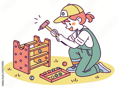 Child Playing with Hammer Toy: Cartoon Illustration of Girl Kneeling