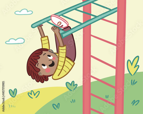 Cartoon Boy Hanging Upside Down on Monkey Bars at Playground Fun