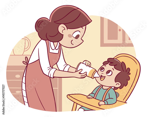 Cartoon Mother Feeding Baby in High Chair with Bottle Illustration