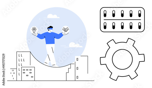 Man holding gear and handshake in balance, symbolizing innovation and teamwork. Background with skyline, gear, and server. Ideal for business, technology, teamwork, innovation urban management
