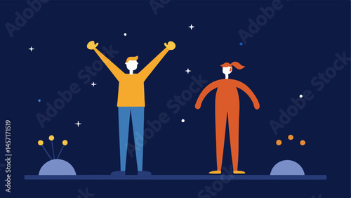 Celebrating Achievements Two figures highfiving with fireworks in the background celebrating each others accomplishments opposed to a figure standing alone while another looks