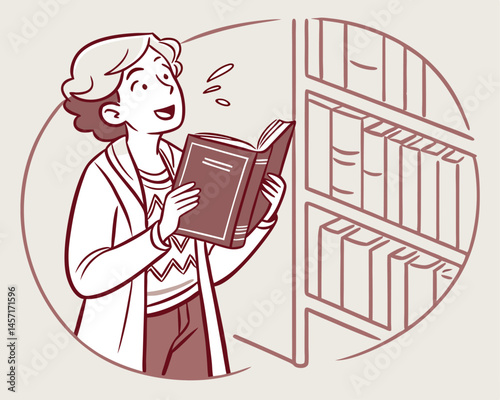 Woman Reading Book Aloud in Library, Cartoon Illustration Style