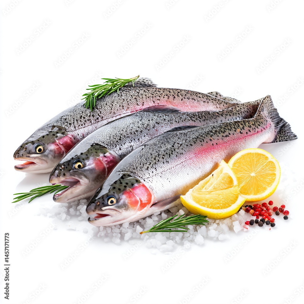 Three raw trout fish with fresh dill and whole and sliced lemon, salt and pepper on white background for healthy eating concept or seafood market advertisement. Three raw trout fish with fresh dill and whole and sliced lemon, salt and pepper on white background for healthy eating concept or seafood market advertisement.