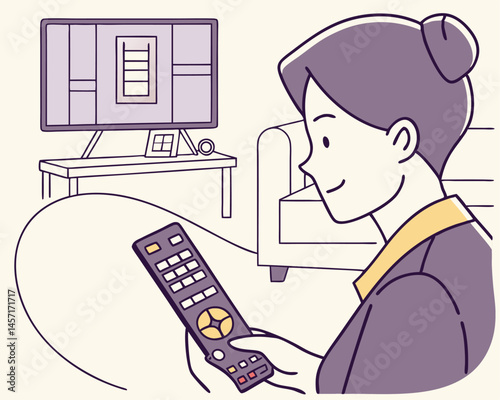 Woman Watching TV with Remote Control, Home Entertainment Illustration