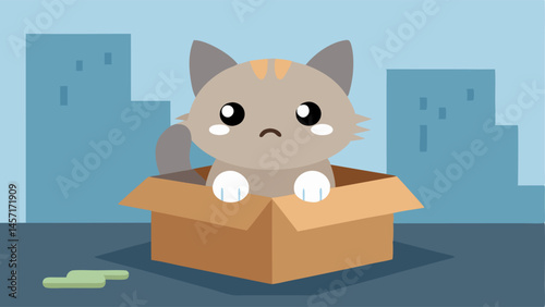 Abandoned Kitten A tiny kitten huddled in a box on the street with dirty fur teary eyes and no one around to help.