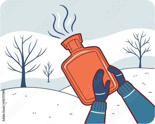 Cartoon Hot Water Bottle in Winter Landscape Illustration Cold Weather
