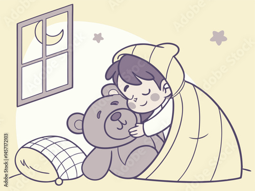 Cute Cartoon Boy Sleeping with Teddy Bear at Night Illustration