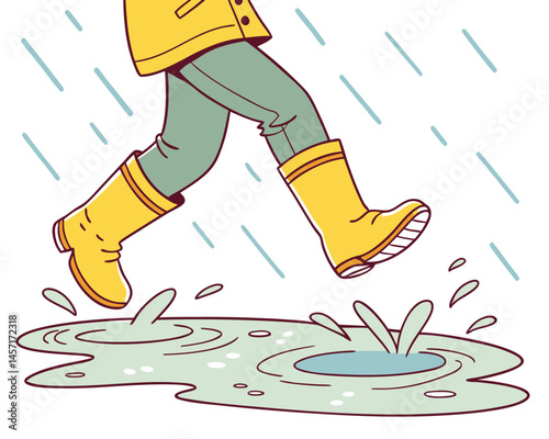 Rainy Day Fun: Person in Yellow Boots Splashing in Puddle Vector Art