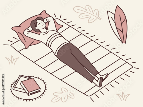 Woman Relaxing on Picnic Blanket with Book in Autumn Illustration