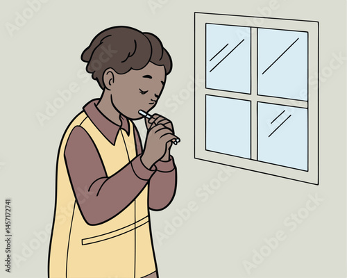 Cartoon of Person Taking COVID-19 Test Near Window, Health Illustration