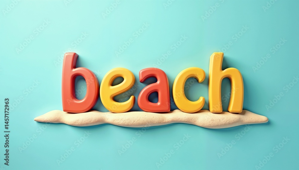 Colorful beach letters with sand on a blue background