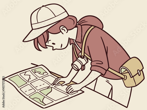 Cartoon Tourist Woman Reading Map. Travel Adventure Illustration