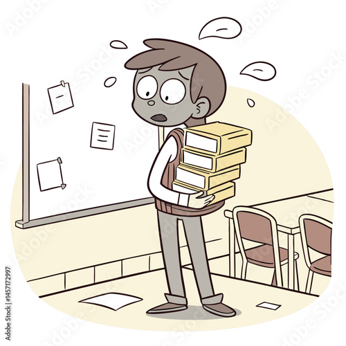 Stressed Student Cartoon Carrying Heavy Stack of Books in Classroom