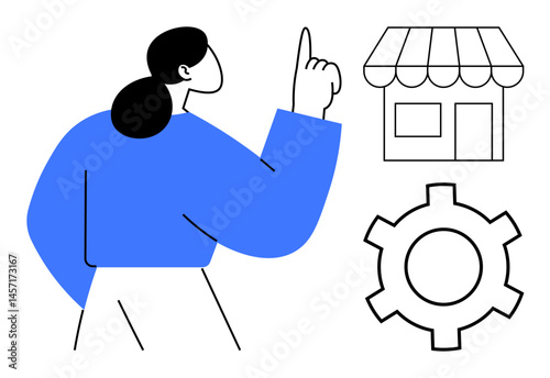 Woman gestures upward beside a storefront and gear, merging entrepreneurship, productivity, and strategy. Ideal for business planning, innovation, e-commerce, startups, teamwork retail solutions