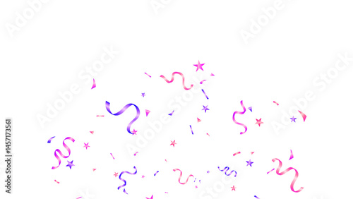 Greeting card, banner holiday, poster event, congratulate with star confetti streamers and ribbons in shades of purple and pink