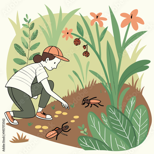 Cartoon Girl Watching Ants in Garden Illustration Nature Scene