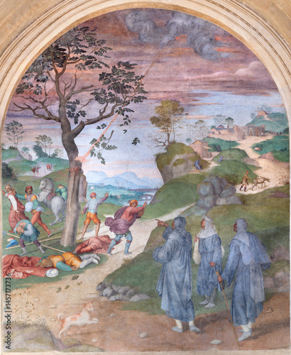 FLORENCE, ITALY - MARCH 18, 2025: The fresco of storys from life of St. Filippo Benizziof  in the church Basilica della Santissima Annunziata by Andrea del Sarto and others from 16. cent.