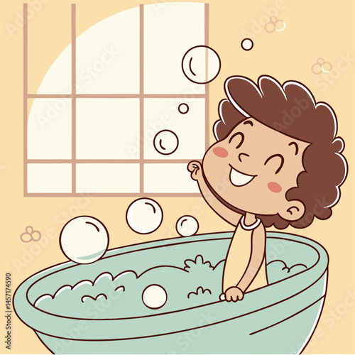 Cartoon Boy Enjoying Bubble Bath in Bathtub Illustration Vector