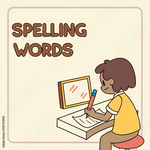 Spelling Words Cartoon: Kid Writing, Education, Learning, Schoolwork