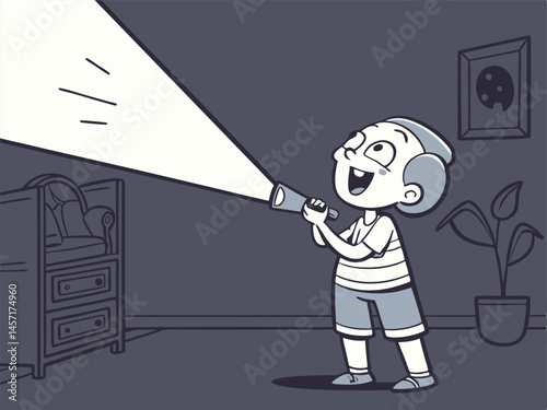 Cartoon Boy with Flashlight in Dark Room Exploring, Illustration