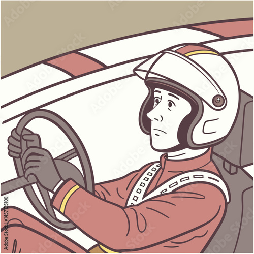 Cartoon Race Car Driver in Helmet at Track Illustration