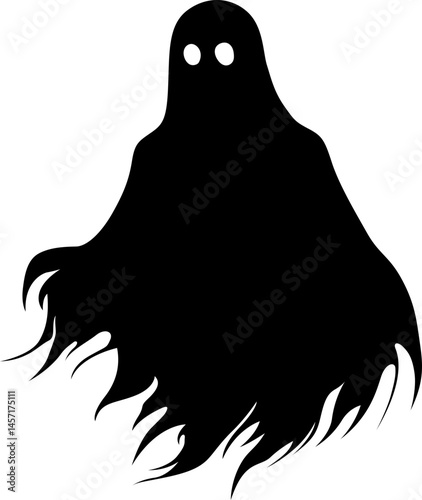 A black, shadowy figure, reminiscent of a ghost, with glowing eyes and flowing, jagged edges, floating against a stark white background.