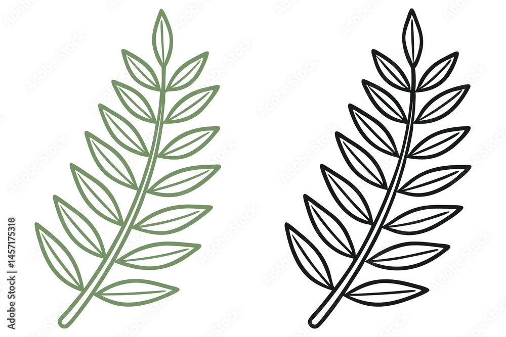 Fototapeta premium Simple botanical art features a green leaf outline and a black leaf outline