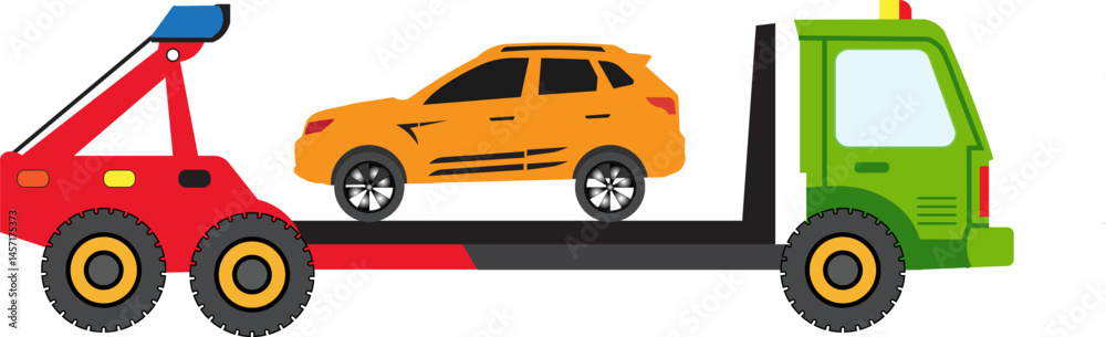 Naklejka premium A yellow vector cartoon truck, an isolated transport illustration with wheels, offers a playful automobile design