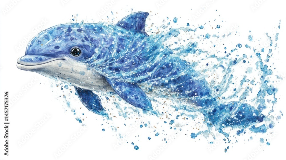 Blue dolphin art. Splash effect. Watercolor texture. Majestic marine animal jumping Blue dolphin art. Splash effect. Watercolor texture. Majestic marine animal jumping