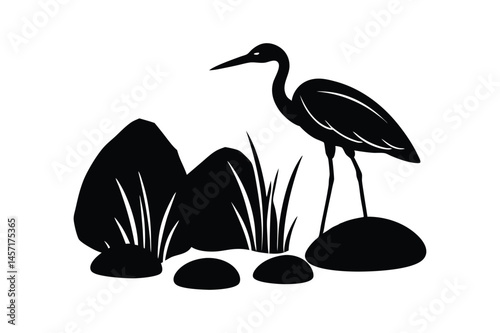 stone rocks with heron bird silhouette vector art illustration