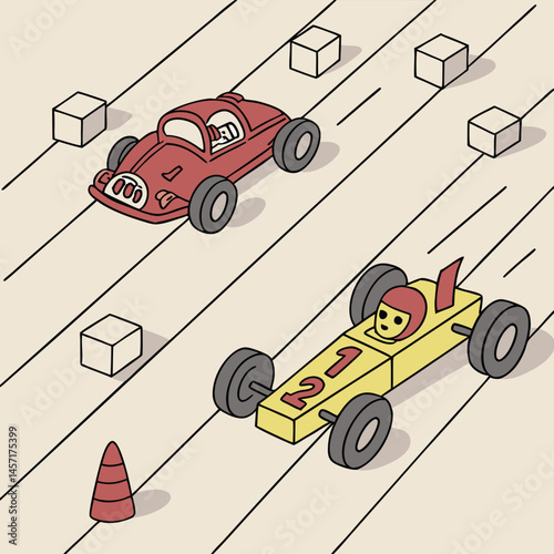 Toy Car Race Illustration: Red vs Yellow, Isometric Style, Kids Art