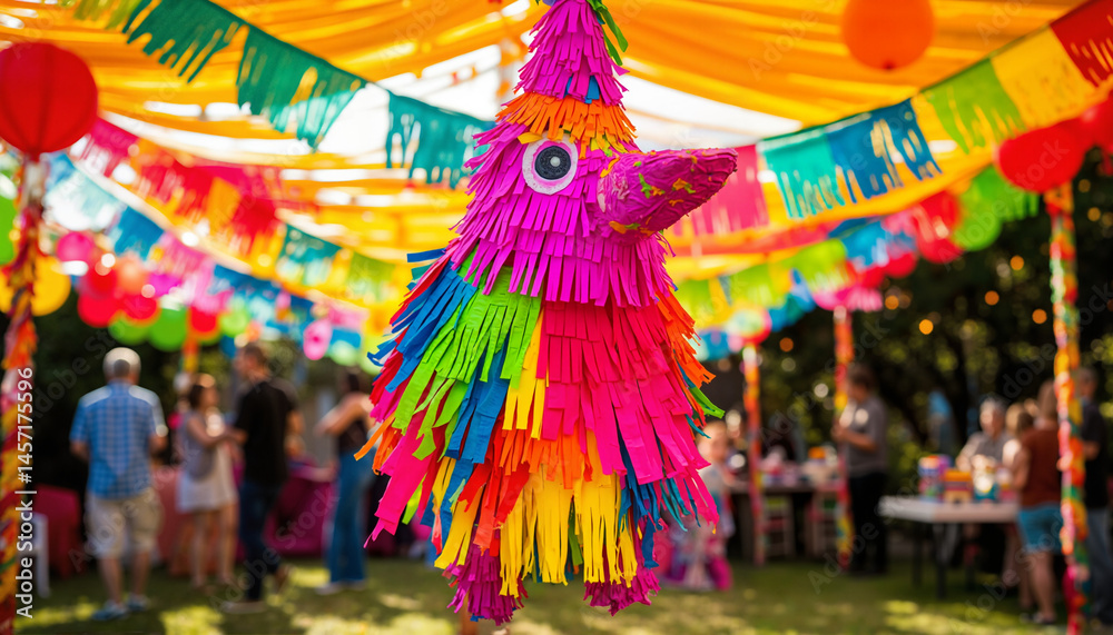 Fototapeta premium Colorful piñata hanging at a festive outdoor party