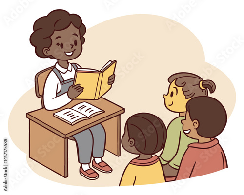 Teacher Reading to Children, Classroom Story Time Illustration